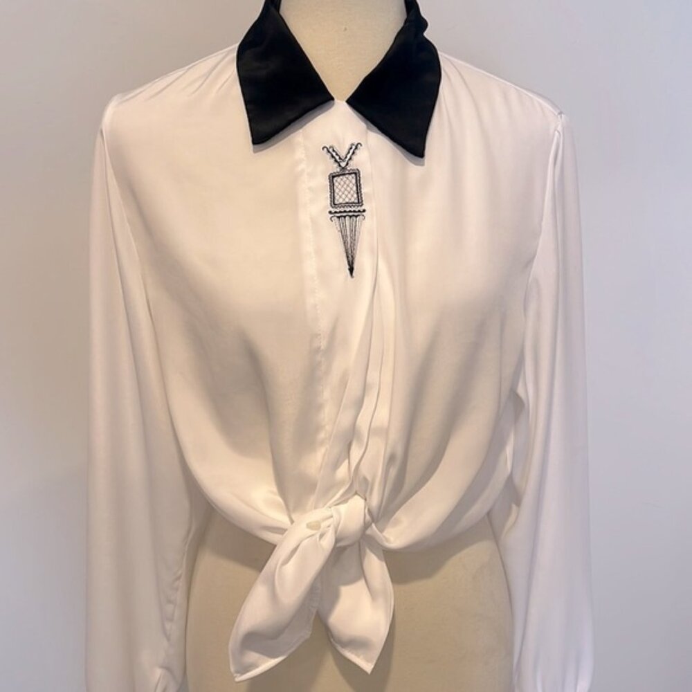 Vintage white blouse with black collar and embroidered detail
